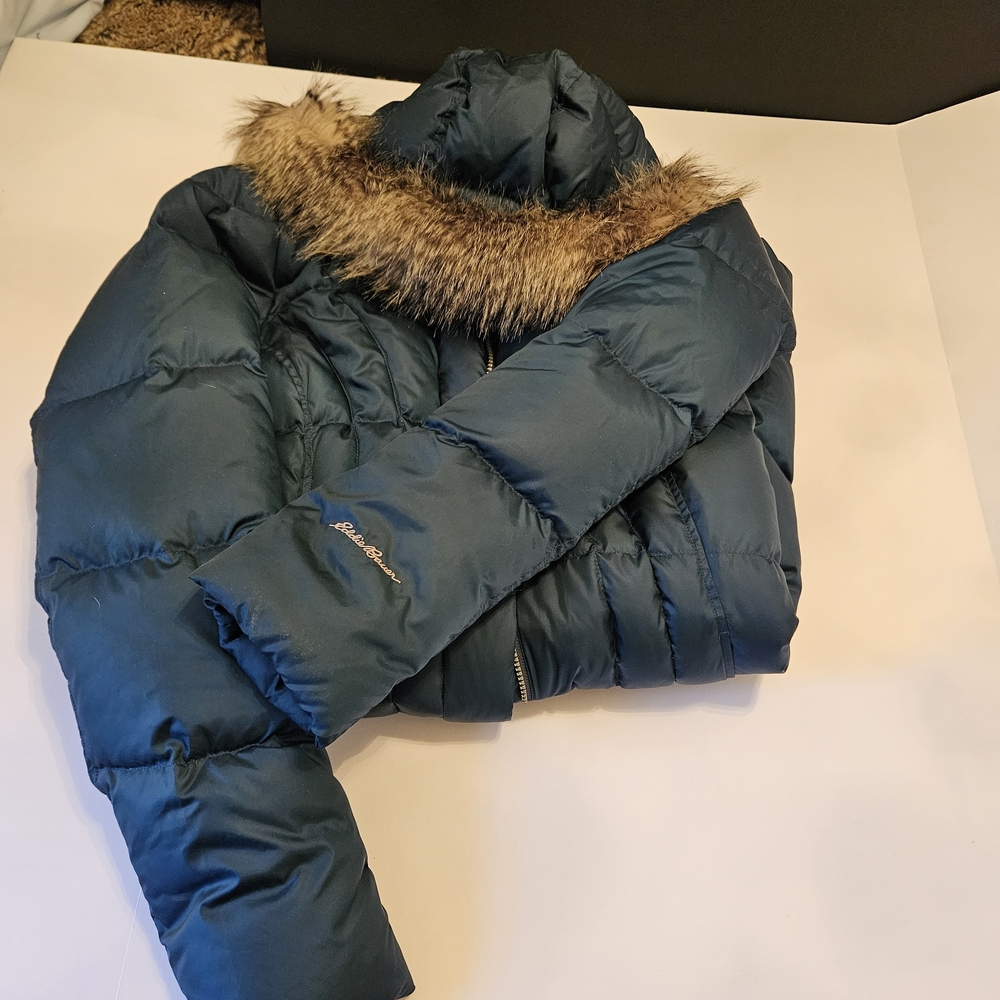 Eddie Bauer Teal Puffer Coat with Faux Fur Collar